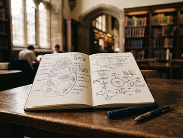 Medium close-up of an open notebook with neat handwritten diagrams on a dark oak table in a historic university library, soft natural window light, 35mm warm editorial photography.