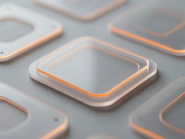 Overhead macro shot of physical design prototypes, translucent acrylic layers, warm orange accent lines, soft diffused studio light