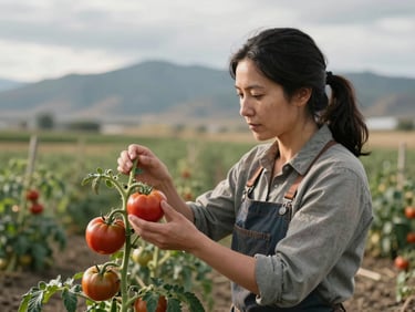 A female organic farmer inspecting heirloom tomato vines in an overcast Utah valley, soft directional natural light, shallow depth of field.