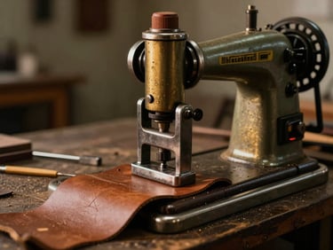 A vintage metal press machine stamping leather in a dimly lit artisanal workshop, warm golden light catching the metallic textures.