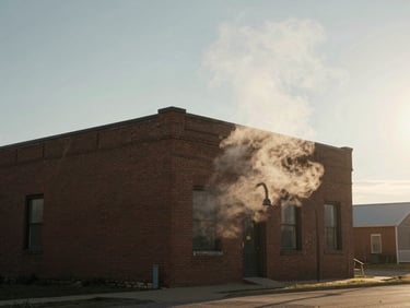 Overcast morning light on a historic brick bakery front in Utah, steam rising from a side vent, cinematic composition, quiet documentary style.