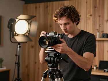 Cinematic medium shot of an indie film director adjusting a vintage camera lens in a cozy wood-paneled studio, warm practical lamp lighting