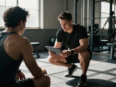 Coach leading a virtual session on a tablet while also observing a client in a gym, dynamic medium shot, high-contrast natural light, deep shadows, 35mm film grain