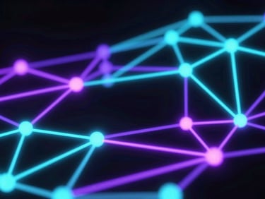 Abstract 3d render, dark high-contrast background, vibrant neon cyan and purple emissive light, futuristic digital network, octane render, macro close-up of digital nodes