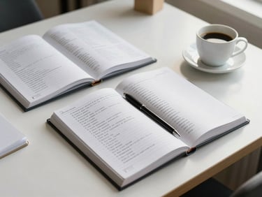 A high-angle shot of a clean study desk with open notebooks, a Greek lexicon, and a cup of coffee, bathed in soft, natural window light.