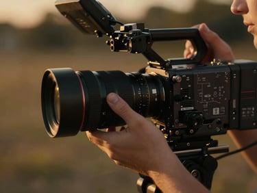 Intimate close-up of hands adjusting a professional cinema camera lens during an outdoor interview, warm golden hour lighting, cinematic depth of field.