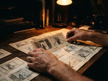 Cinematic close-up of hands arranging physical storyboards on a wooden table, warm amber practical light, deep shadows, 35mm film photography.