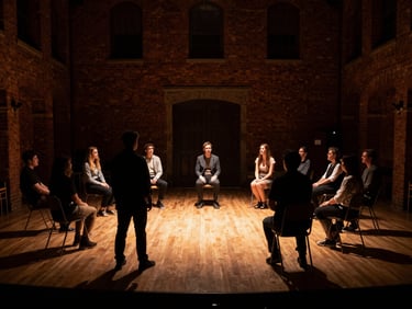 Dramatic low-key lighting on actors rehearsing a play inside a historic brick community hall, warm spotlight highlights, deep shadows.