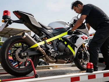 Close-up of a professional driver securing a motorcycle onto a tow truck platform, safety-yellow straps, high-contrast daylight