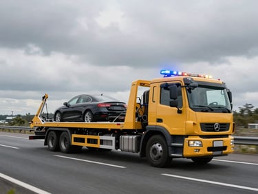 A modern flatbed tow truck carrying a car on a long highway, dramatic overcast lighting, professional transport setup