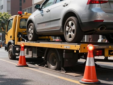 Tow truck hydraulic platform lowering to load a car in a urban street, high contrast, safety beacons active