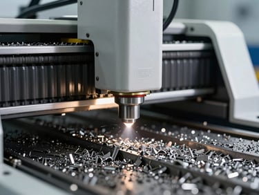A high-precision laser key-cutting machine inside a service van, throwing off tiny metal shavings under bright directional light, macro focus