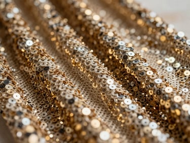 Macro close-up of champagne-gold sequins catching warm studio light, shallow depth of field, rich fabric textures.
