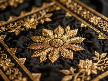 Close-up of intricate gold embroidery on deep black silk, warm dramatic lighting, shallow depth of field.