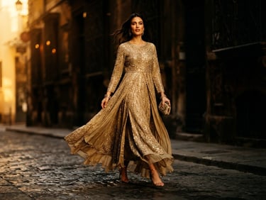 Low-angle full-length shot of a model walking in a heavily detailed gold georgette dress, dramatic golden-hour light, rich dark background, shallow depth of field, 35mm.