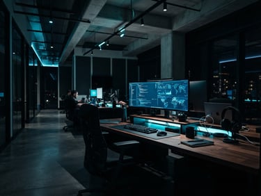 Wide-angle architectural crop of a high-end modern workspace, low-key ambient light with sharp cyan highlights, shallow depth of field