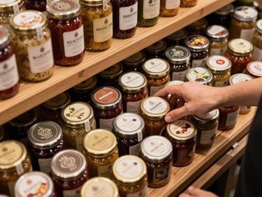 Overhead detail of a modern food market stall, jars of preserved goods and artisan labels arranged on a wooden shelf, warm available light, a vendor's hand reaching into the frame adjusting a product