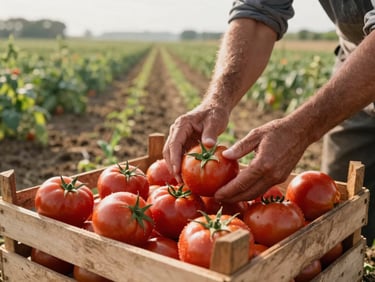 Wide environmental shot of a farmer's hands sorting freshly harvested tomatoes in a wooden crate, field rows visible in the soft background, morning side-light, soil still visible on the produce