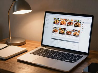 Agency desk scene, right two-thirds frame, laptop screen showing a social media scheduling dashboard with grid of food images, warm tungsten desk lamp light, notebook open beside keyboard, no person visible — just the tools in use
