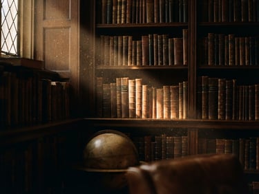 Softly lit interior of a private library, leather-bound books on dark wood shelves, dust motes in a single beam of golden light