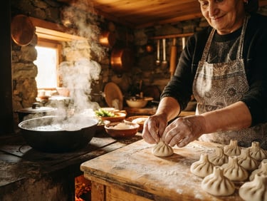 Candid moment of hands preparing local delicacies in a rustic stone kitchen, steam rising, warm morning light, tactile textures