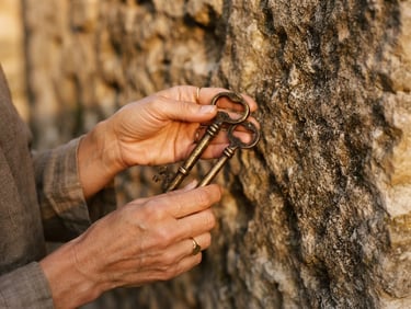 Close-up of hands holding a pair of heavy antique brass keys against a weathered stone wall, warm side lighting, shallow depth of field