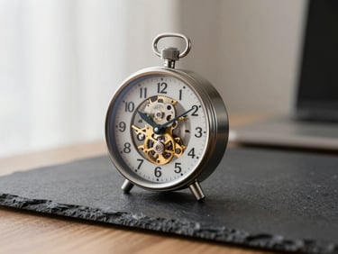 A premium metal mechanical clock on a dark slate desk, natural side-lighting, sharp focus on metallic textures, 35mm lens
