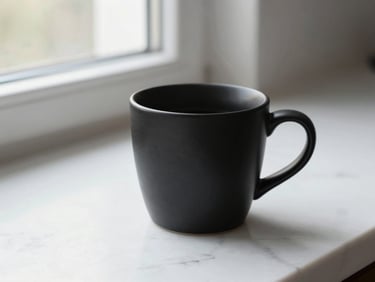 Matte black ceramic espresso cup resting on a white marble countertop, morning window light, rich textures