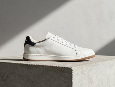 A single premium leather sneaker shot from a low angle on a concrete block, architectural shadows, 35mm lens