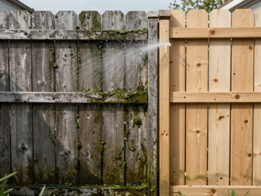 Close medium shot, bright daylight, a wooden garden fence — left panels covered in grey-green algae and grime, right panels blasted clean to bare pale wood. Water spray visible mid-clean. Documentary framing, no people.