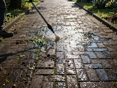 Wide environmental shot, afternoon sun, a garden path with klinker paving — left half dark with embedded dirt and green slime, right half gleaming clean after pressure washing. High-pressure lance visible at the dividing line. No people, documentary style.