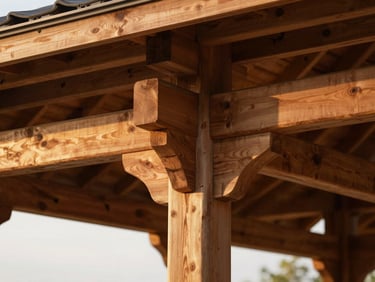 Close-up of heavy timber mortise and tenon joints on an outdoor pavilion, rich natural wood grain, warm overcast daylight.