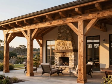 A custom timber-frame pavilion with thick oak columns, exposed rafters, housing a stone fireplace and outdoor seating area under soft afternoon light.