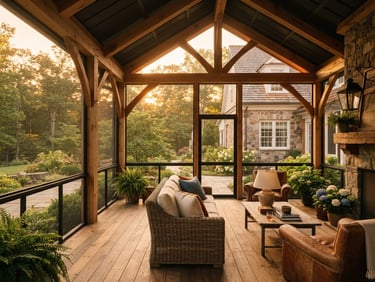 A stunning screened-in porch at golden hour, showing the architectural integration with a traditional Virginia home, warm sunlight filtering through screens onto rich Virginia white oak timbers, editorial style, 35mm lens.