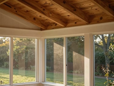 Close-up of a finished screen porch interior, showing warm timber ceiling rafters, clean white oak posts, and large screen panels overlooking a green yard.