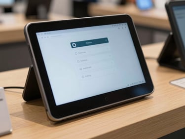Budget Android tablet on a retail counter showing a POS transaction screen with a queued-payments indicator, cool indoor shop lighting, close detail framing of screen, no people