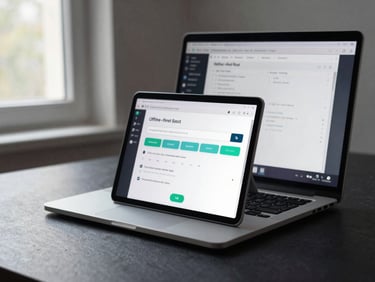 Developer workstation showing an offline-first sync state UI on an Android device propped beside a laptop, cool indoor daylight from a window left, conflict-resolution log visible on screen, no people, slate desk surface