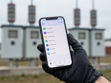 Android phone held in a gloved hand showing an inspection checklist UI with offline indicator badge, industrial substation background, cool overcast light, developer-eye-level framing