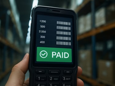 Android handheld scanner device showing a warehouse inventory list and payment status screen, cool fluorescent warehouse lighting, close detail framing on screen and device, no people