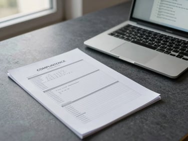Wide view of a developer desk with printed compliance checklist pages beside a laptop showing a data-residency configuration screen, cool daylight from left, no people in frame, charcoal surface