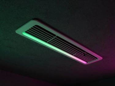 Close-up of a modern minimalist linear air conditioning diffuser blending seamlessly into a high-end dark plaster ceiling, dramatic low-key lighting, 35mm.