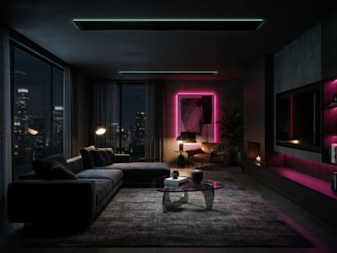 Sleek modern luxury living room at night, architectural lighting with subtle green neon glow, minimalist climate diffuser integrated into the dark ceiling, 35mm lens, high contrast