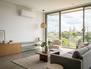 Crisp architectural photography of a modern, clean living room in Maringá, soft natural daylight, a high-end air conditioning unit perfectly integrated into the wall, professional and precise framing, 35mm lens