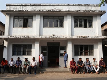 A candid photojournalism shot of a local administrative block office in North 24 Parganas, natural street lighting, residents waiting outside.