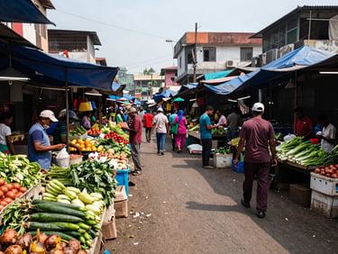 A wide-angle environmental shot of a vibrant community market in Kolkata, natural daylight, fresh produce stalls.