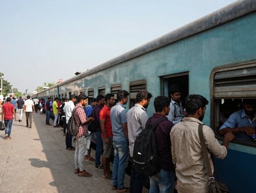 A gritty documentary shot of local train passengers boarding a crowded compartment at Barrackpore station, harsh midday sun.