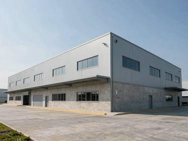 Exterior of a modern concrete and steel logistics distribution facility, wide angle, clear neutral daylight.