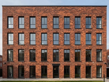 Architectural exterior of a modern brick multi-family building, straight-on framing, clean morning light.
