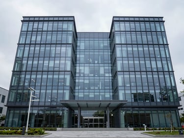 Exterior of a modern glass medical office building, symmetrical framing, clean overcast daylight.