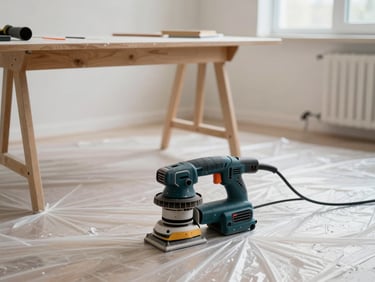A neat residential workspace with plastic sheeting protecting the floor and furniture, a drywall sander connected to a dust-extraction vacuum, bright indoor lighting.